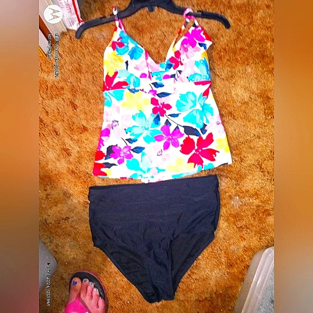 Ruffle Top Floral Pattern Tankini with Black High Rise Bottoms